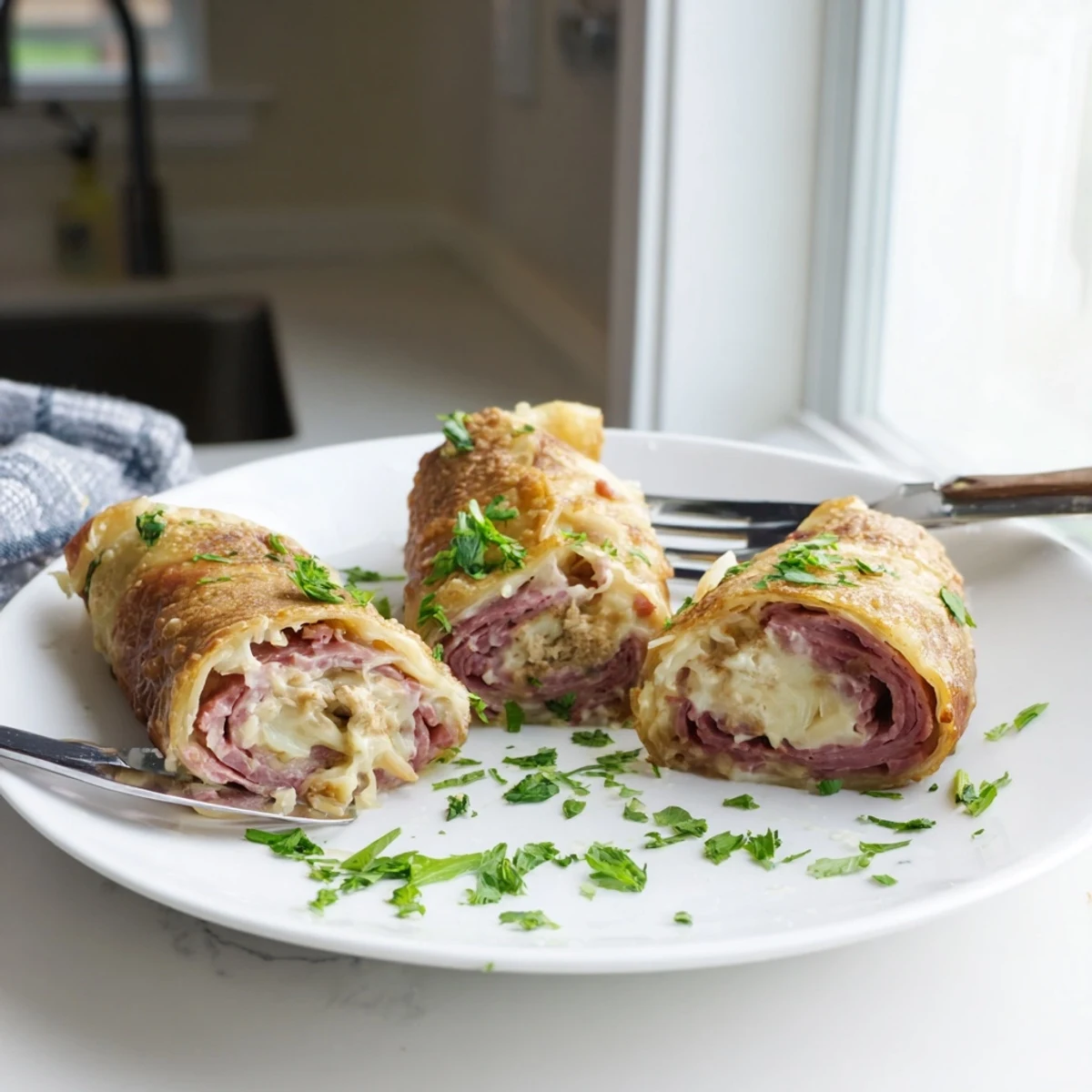 Tender egg wraps filled with tangy sauerkraut and savory Low Carb Reuben Egg Roll Ups