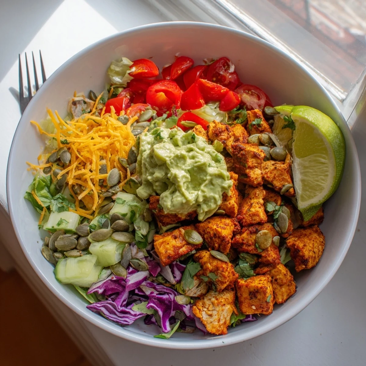 Colorful keto bowls loaded with fresh vegetables, tender chicken, and creamy avocado dressing drizzled on top