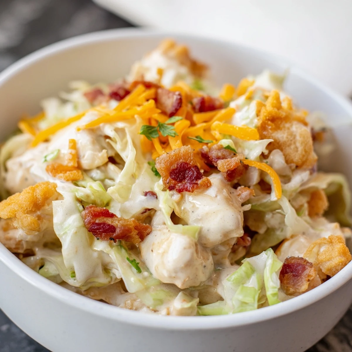Creamy chicken bacon ranch cabbage bowls topped with melted cheddar and fresh green onions