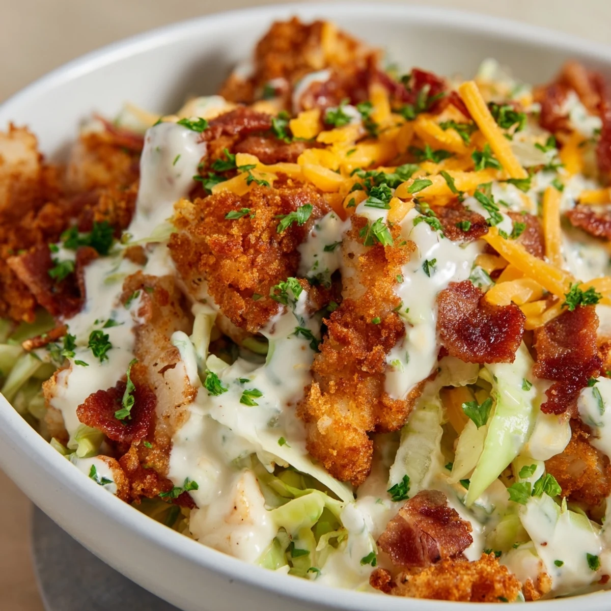 Tender chicken and crispy bacon tossed with cabbage in creamy chicken bacon ranch cabbage bowls sauce