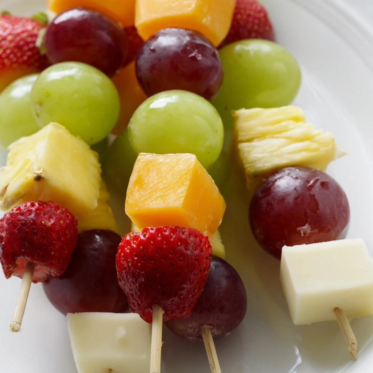 Fruit and cheese kabobs featuring alternating pineapple chunks and creamy Monterey Jack on wooden skewers