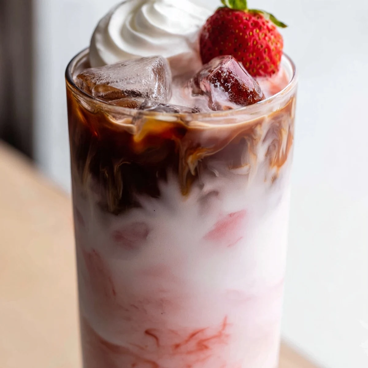 Creamy strawberry cold latte served over ice with whipped cream topping