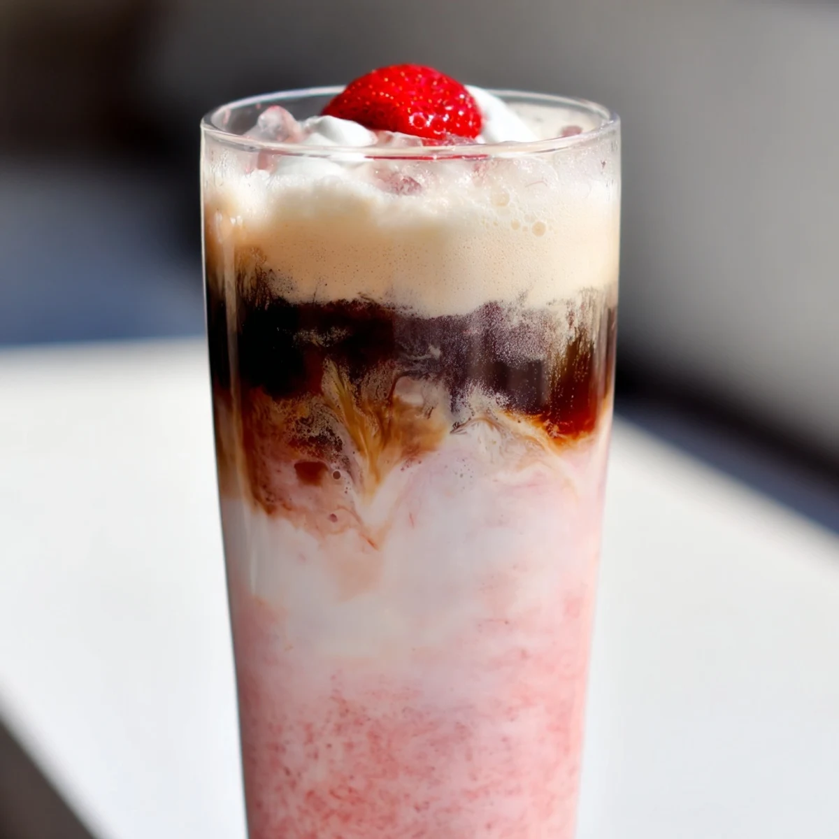 Refreshing strawberry cream cold latte in tall glass with marbled coffee layers
