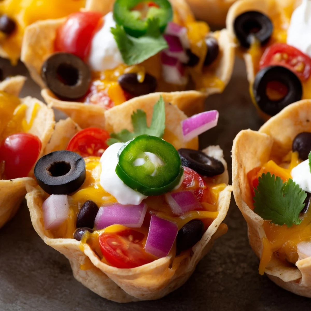 Crispy cheesy nacho cups bubbling with melted cheddar and colorful fresh toppings in muffin tin
