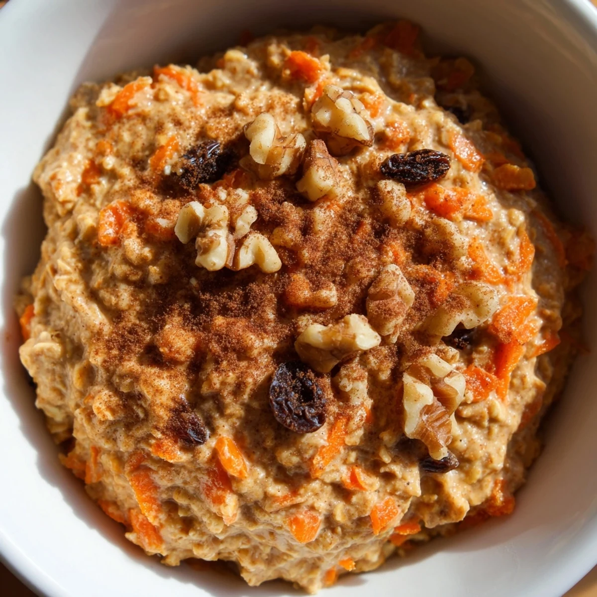 Creamy carrot cake overnight oats in a mason jar topped with crunchy walnuts and a cinnamon sprinkle