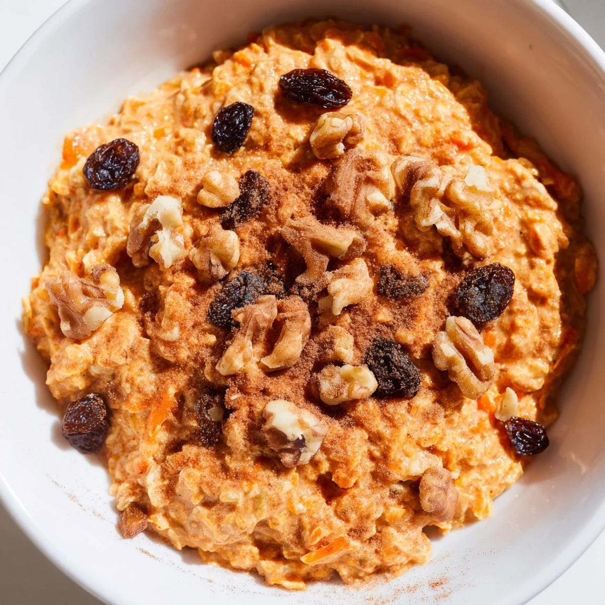 Carrot cake overnight oats with visible grated carrots, plump raisins, and a generous nut topping