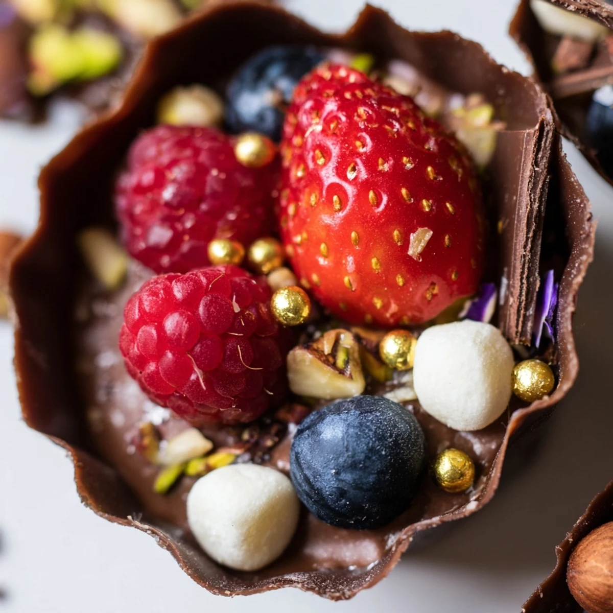 Decadent chocolate grazing cups filled with silky mousse and topped with fresh berries