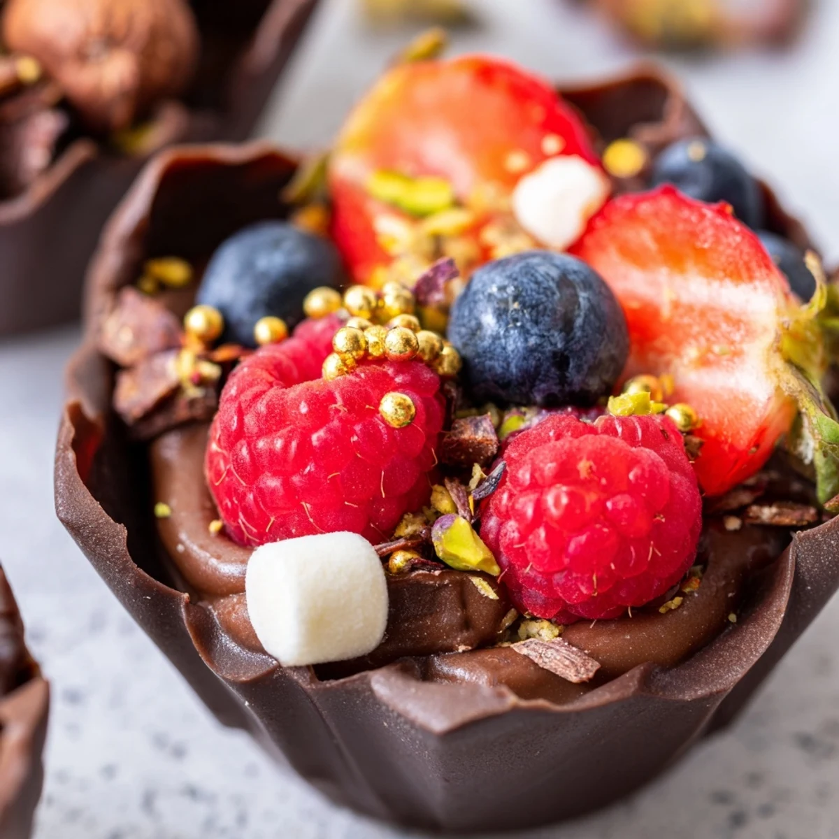 Rich chocolate grazing cups showcase glossy mousse layers and vibrant mixed berries