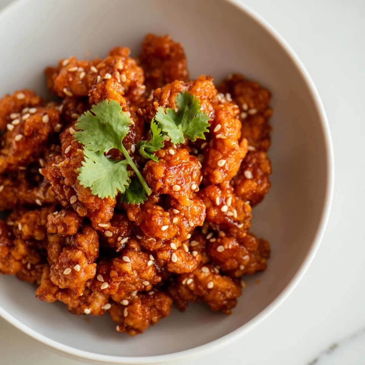 Firecracker ground chicken bowls topped with crisp vegetables and sesame seeds in white bowls