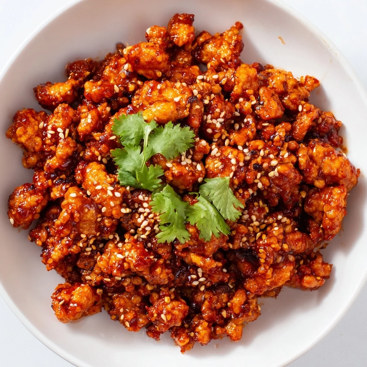 Spicy firecracker ground chicken bowls with shredded carrots cucumber and glossy red sauce drizzle