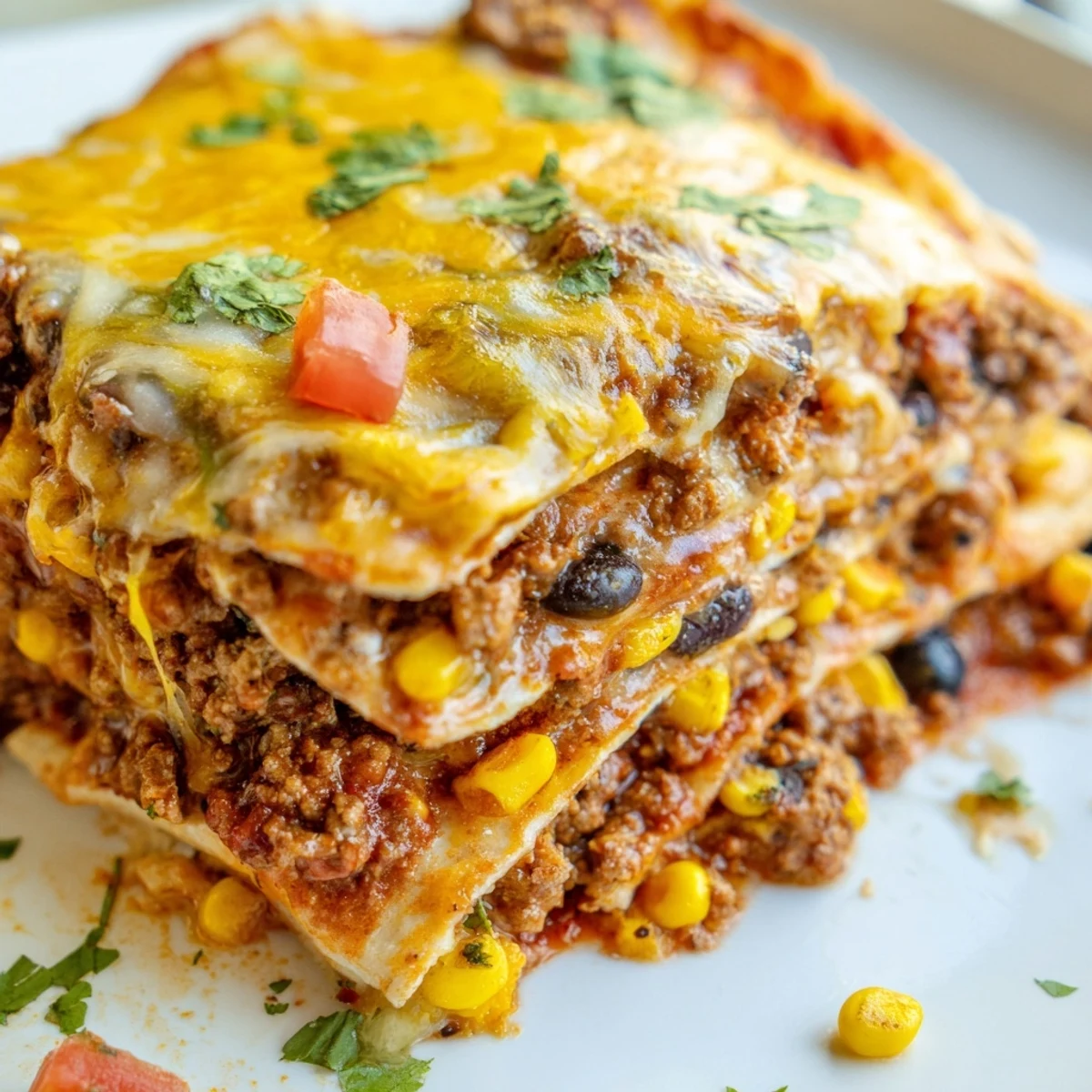Golden bubbly Baked Beef Enchilada Casserole with melted cheese and fresh cilantro garnish