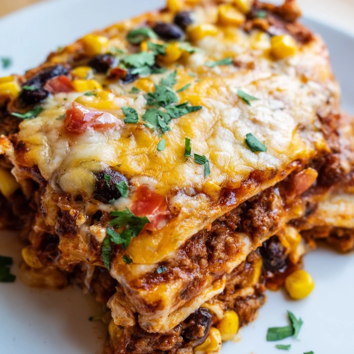 Layered Baked Beef Enchilada Casserole topped with gooey cheddar in a baking dish