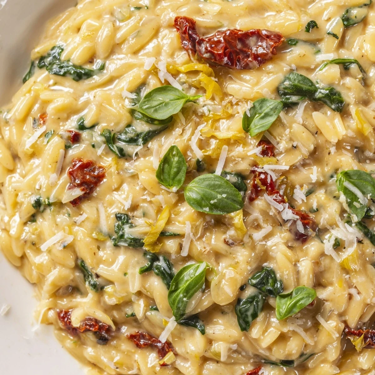 Creamy Tuscan orzo in a rustic skillet with vibrant spinach and sun-dried tomatoes