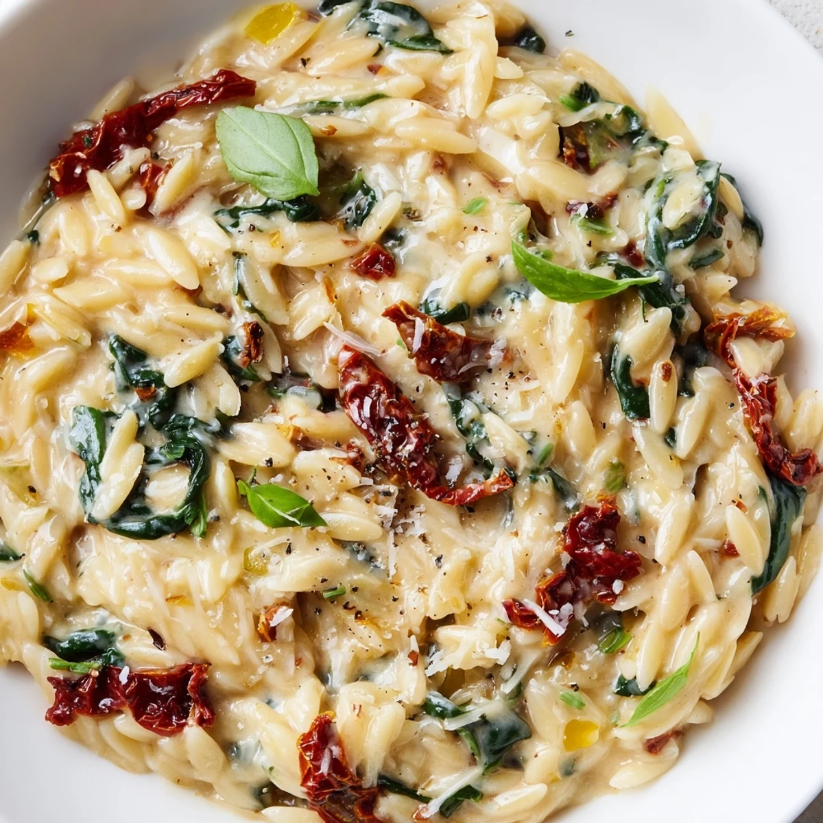 Steaming bowl of Creamy Tuscan orzo topped with fresh basil and Parmesan