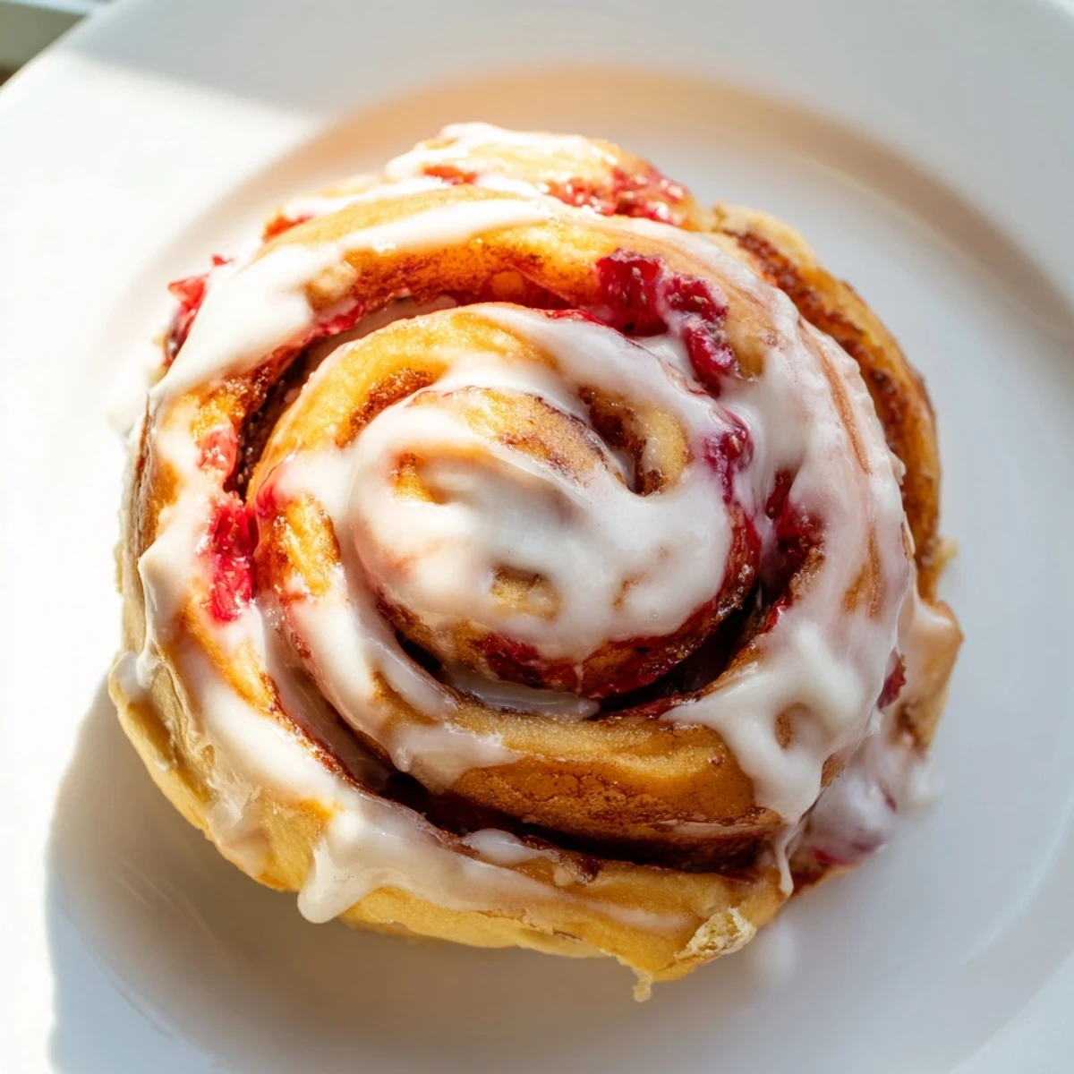 Fresh strawberry cinnamon rolls with swirled filling and creamy icing ready to serve