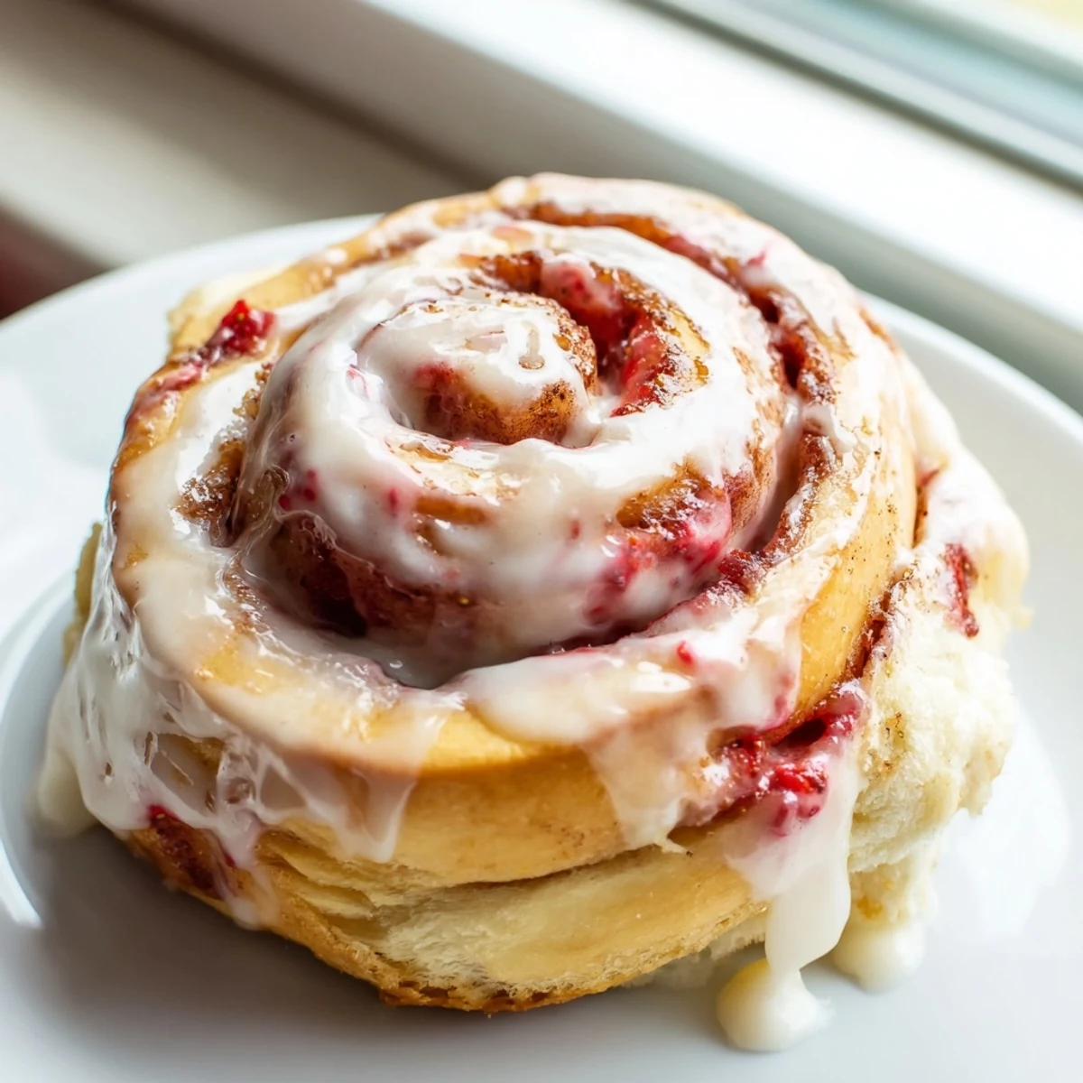 Golden strawberry cinnamon rolls dripping with cream cheese glaze on a white plate