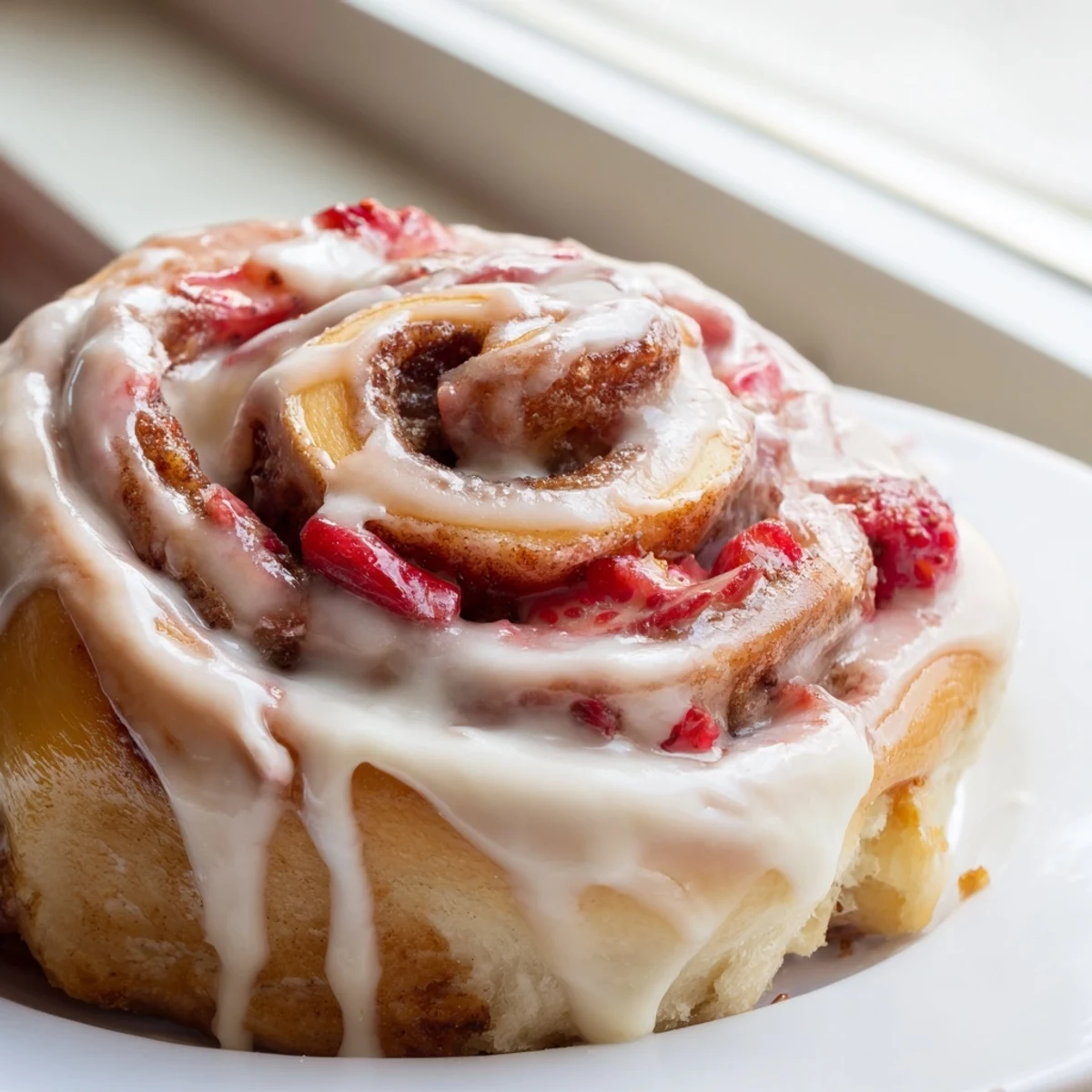 Soft baked strawberry cinnamon rolls topped with thick cream cheese frosting and berries