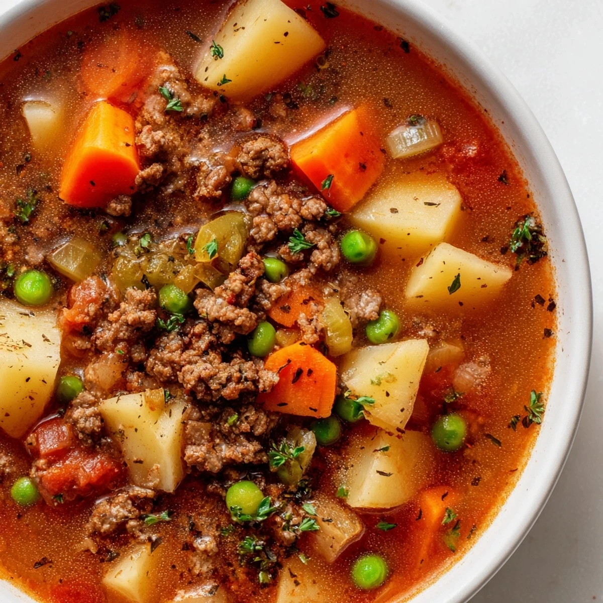 Steaming bowl of ground beef and potato soup with tender chunks and garnish