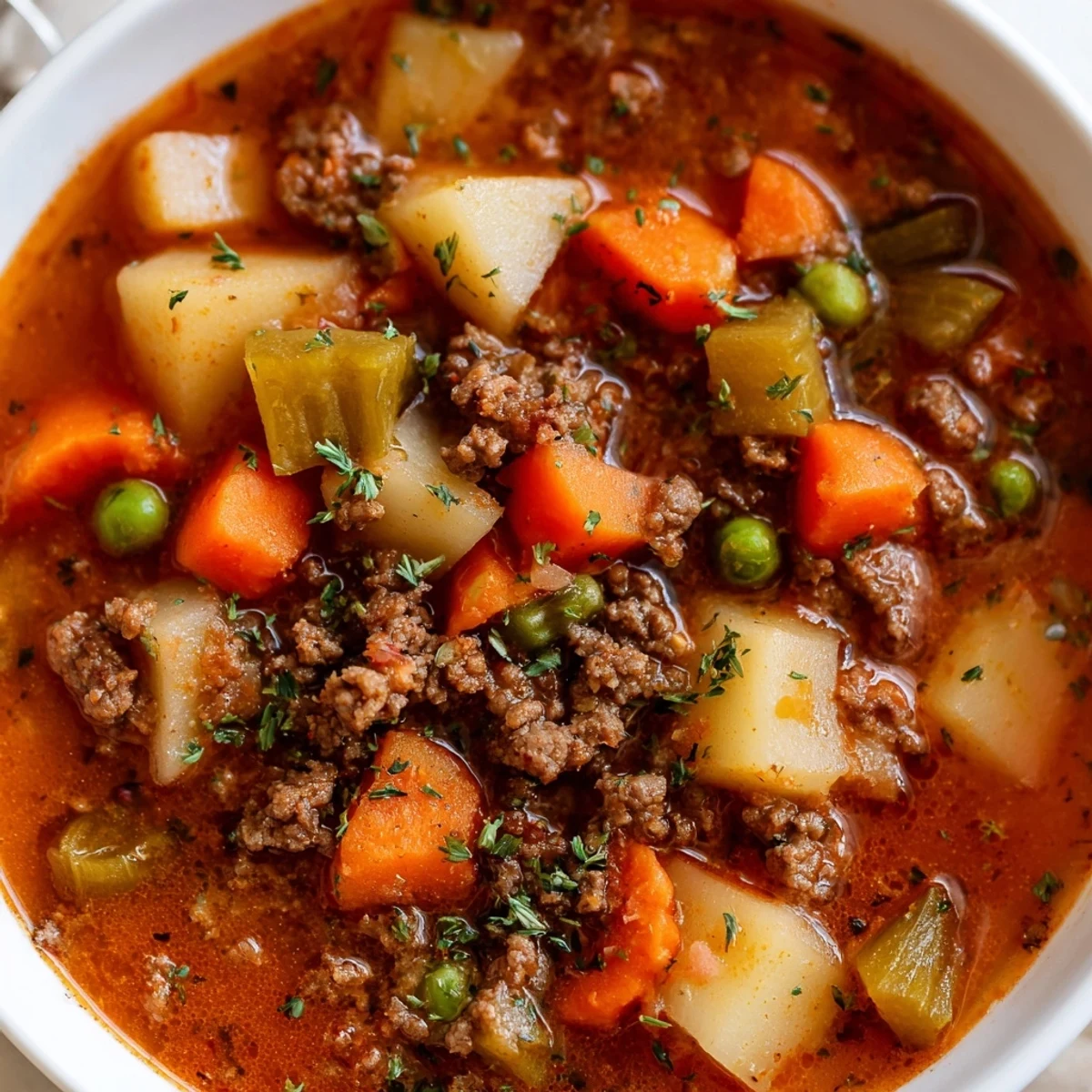 Hearty ground beef and potato soup brimming with vegetables in rich broth