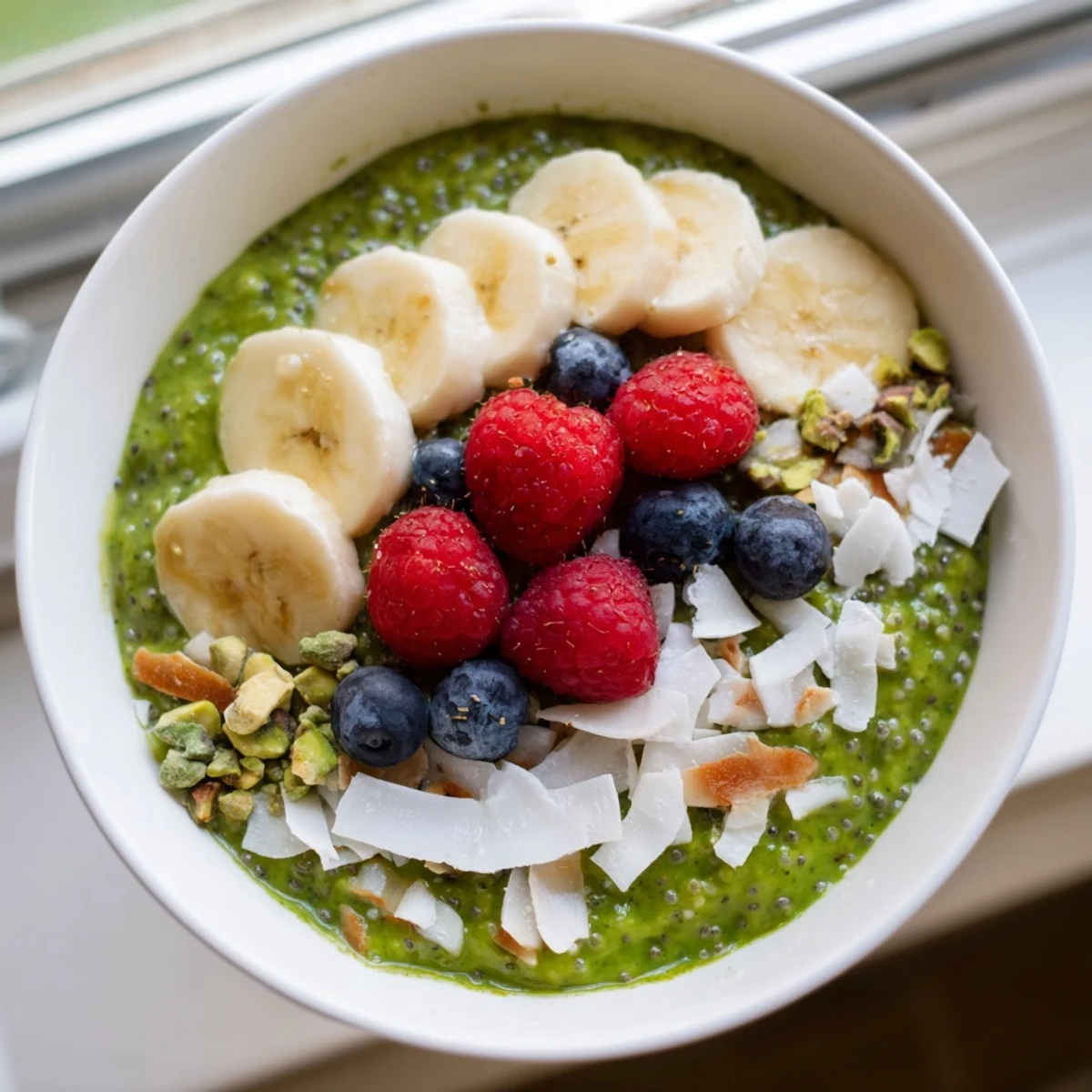 A jar of bright green matcha overnight oats topped with sliced banana and berries