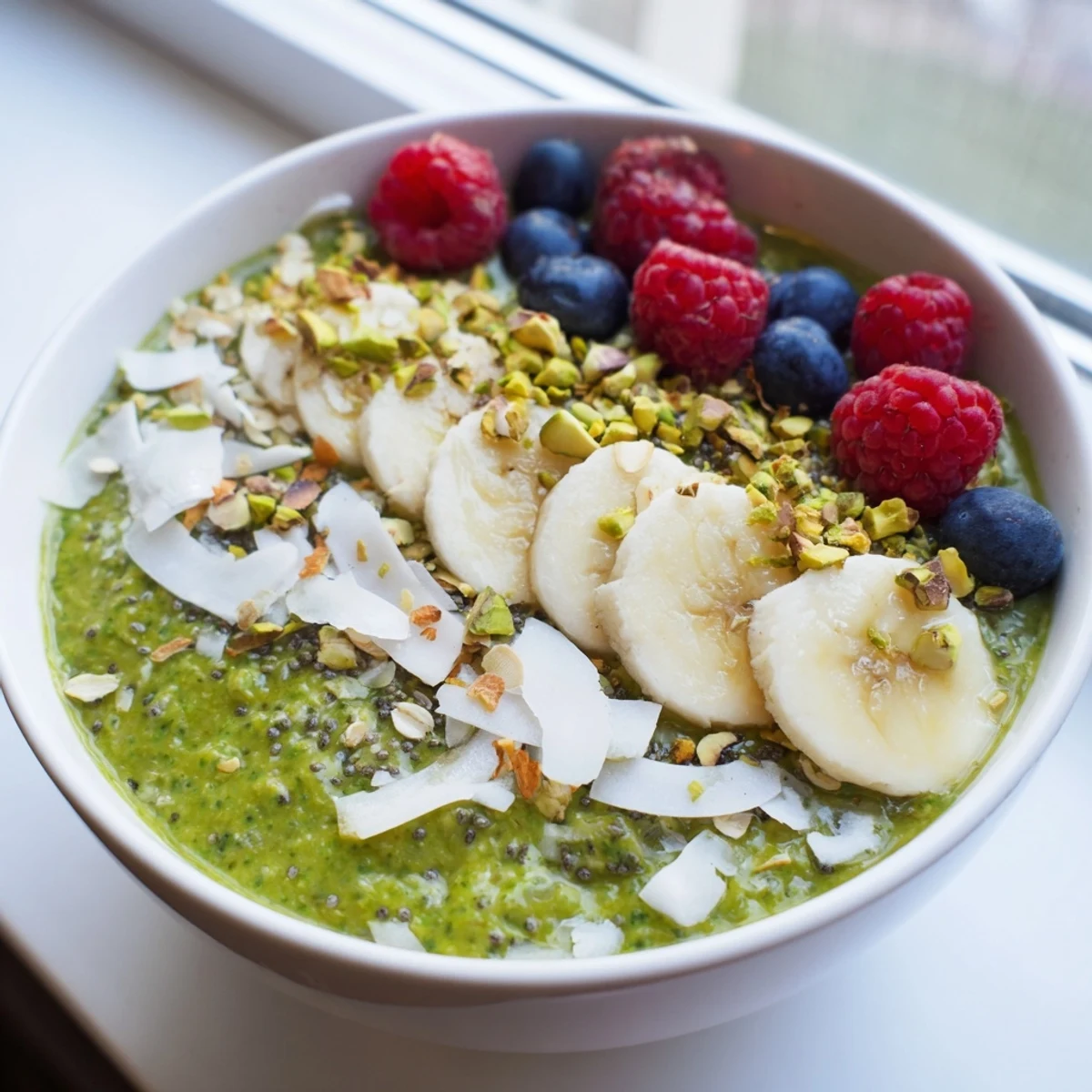 Creamy matcha overnight oats in a glass jar garnished with coconut flakes and pistachios