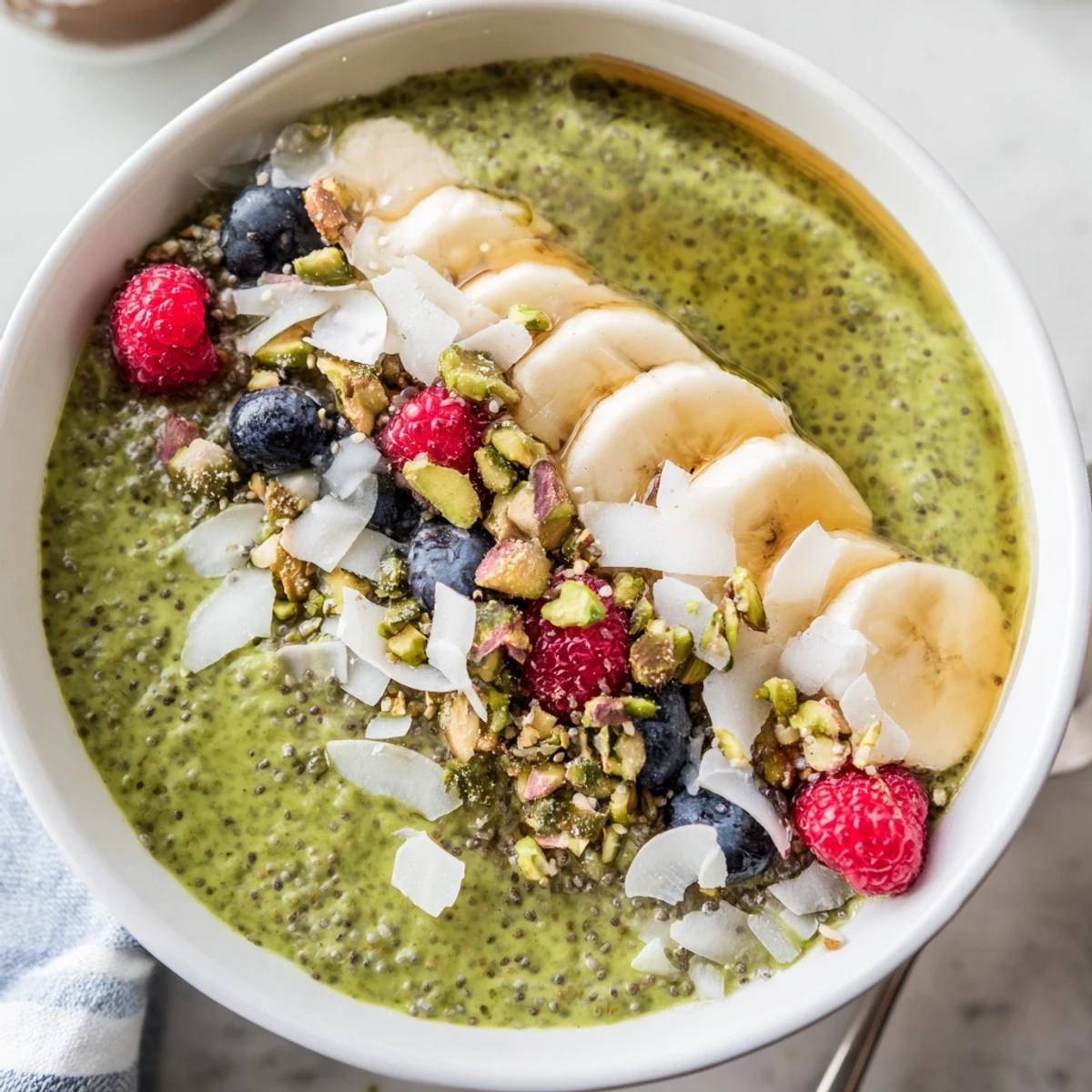 Vibrant matcha overnight oats swirled with chia seeds served in a breakfast bowl