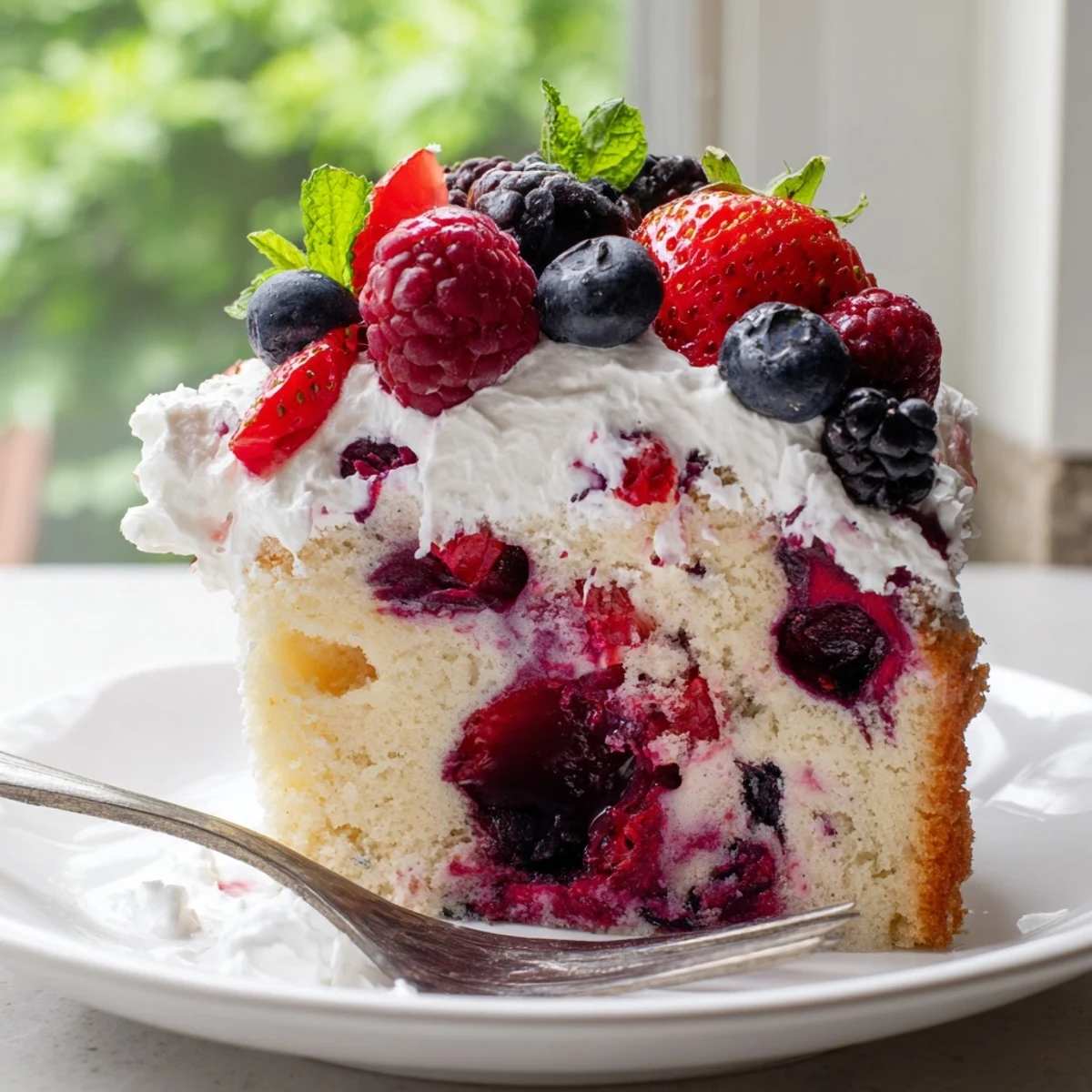 A slice of summer berry poke cake topped with fresh berries and whipped cream