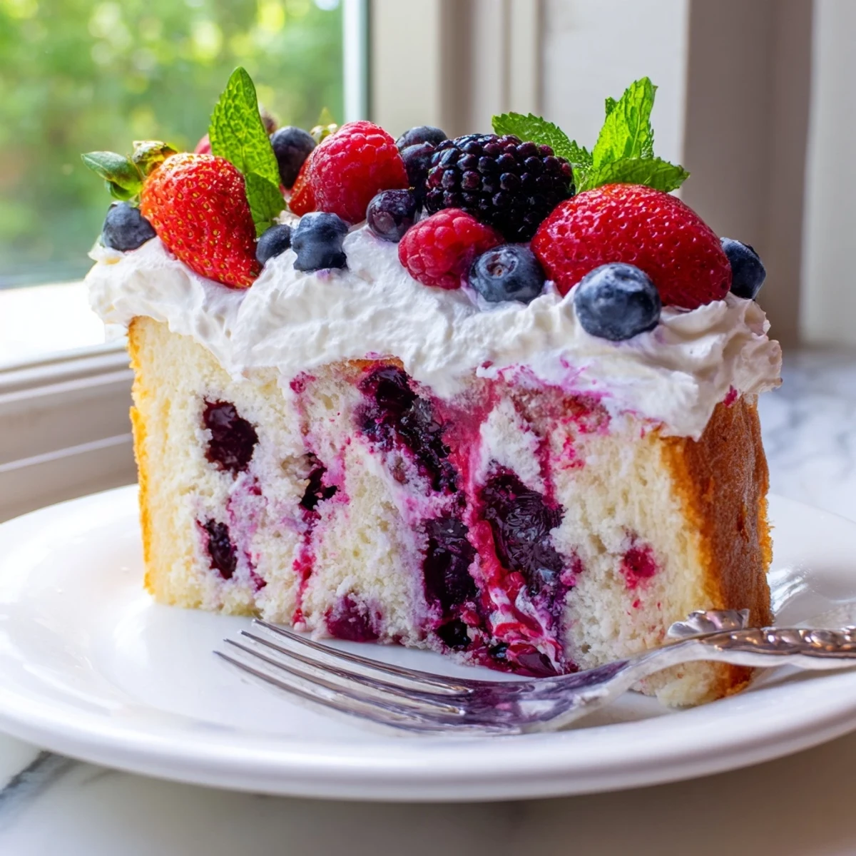 Creamy summer berry poke cake garnished with strawberries blueberries and mint leaves