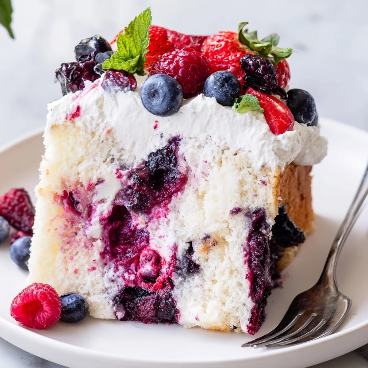 Moist summer berry poke cake drizzled with vibrant berry sauce in a glass dish