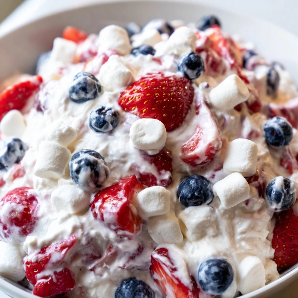 Red white blue cheesecake salad in a chilled serving bowl with marshmallows