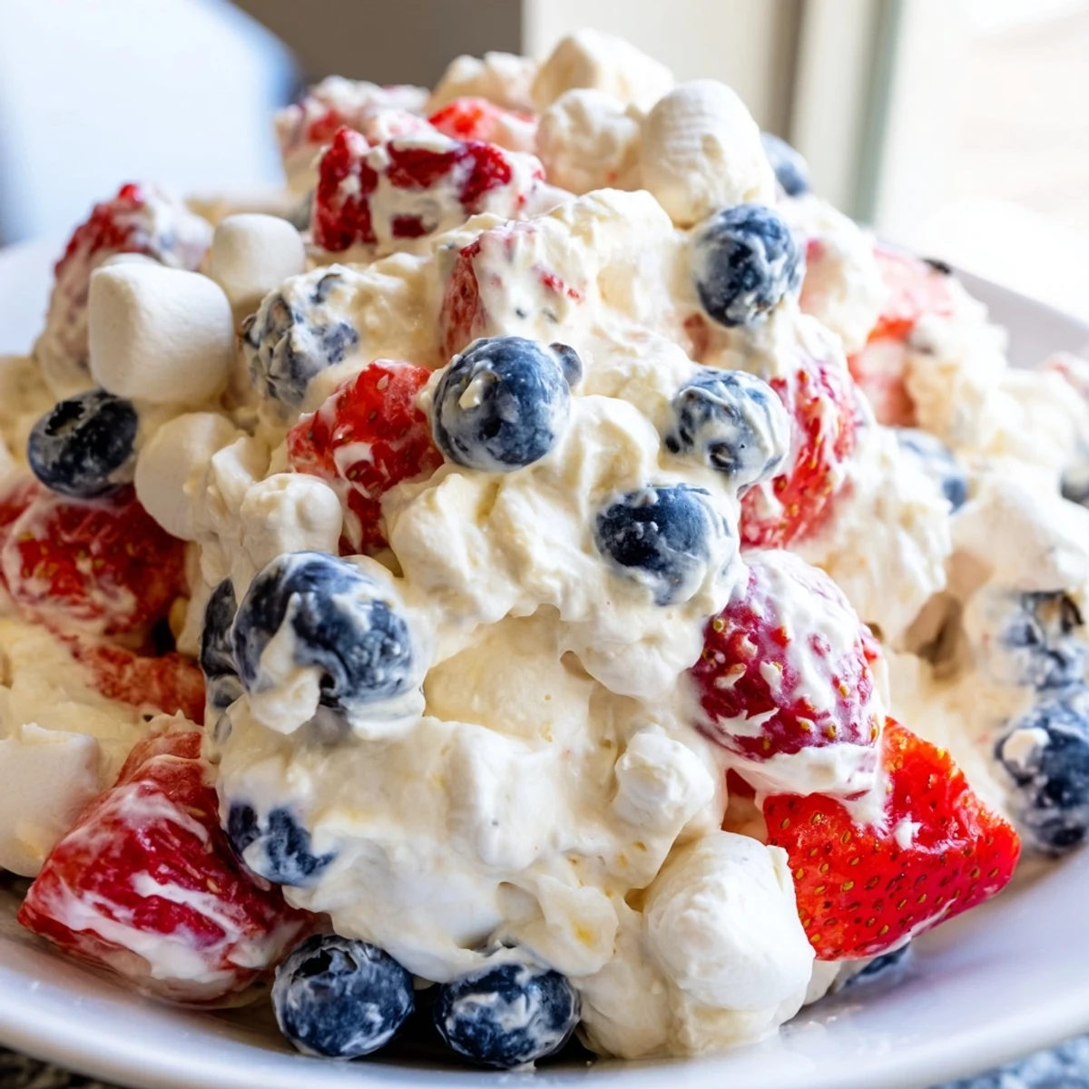 Vibrant red white blue cheesecake salad scooped into a summer dessert glass