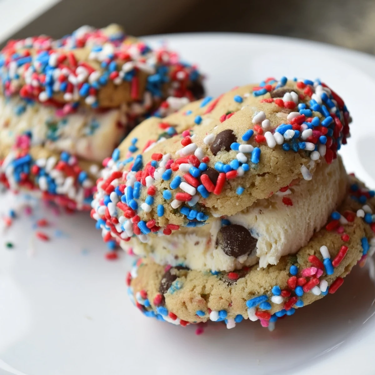 Colorful patriotic mini ice cream sandwiches coated in festive red, white, and blue sprinkles on a summer dessert tray