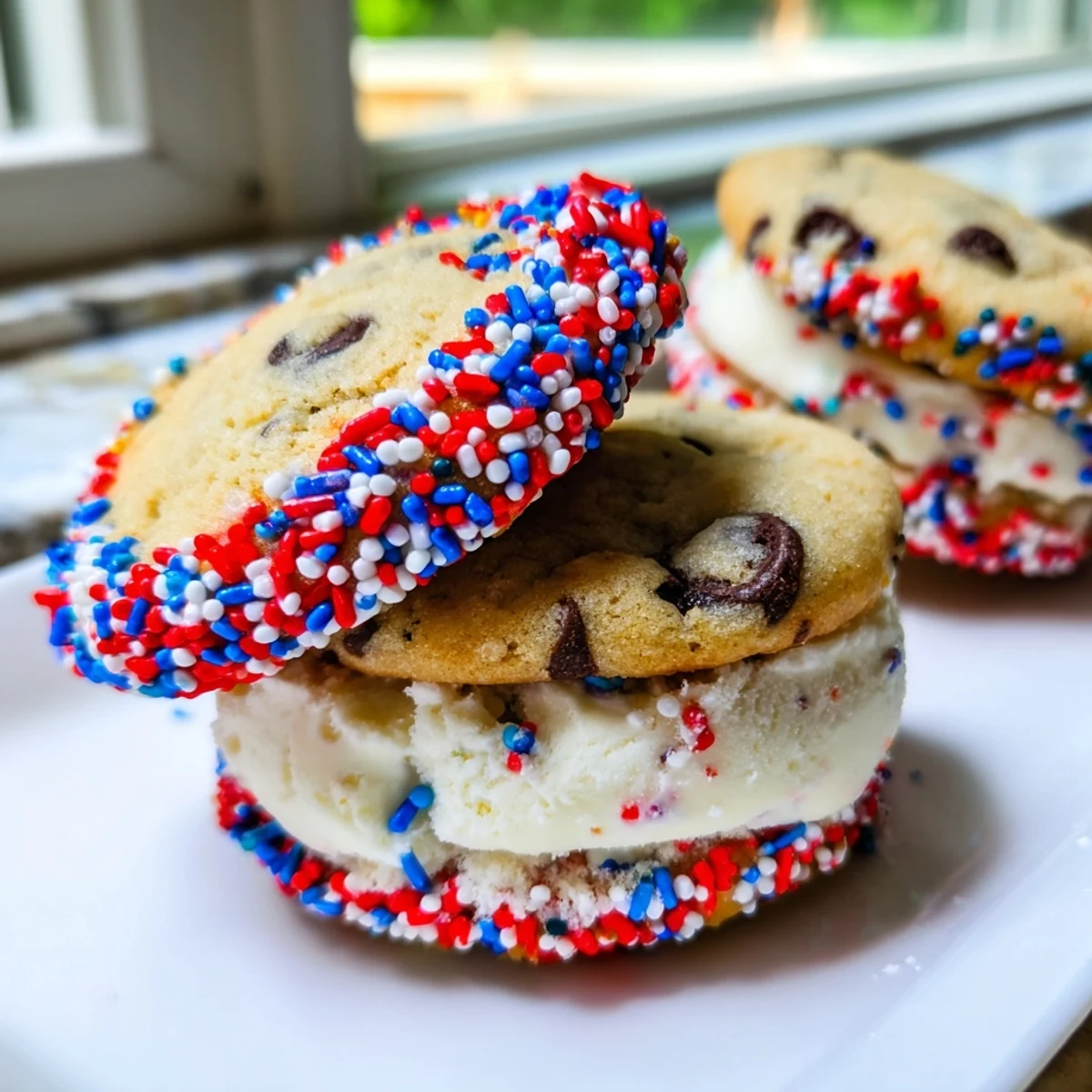 Homemade patriotic mini ice cream sandwiches rolled in bright sprinkles and served on parchment paper