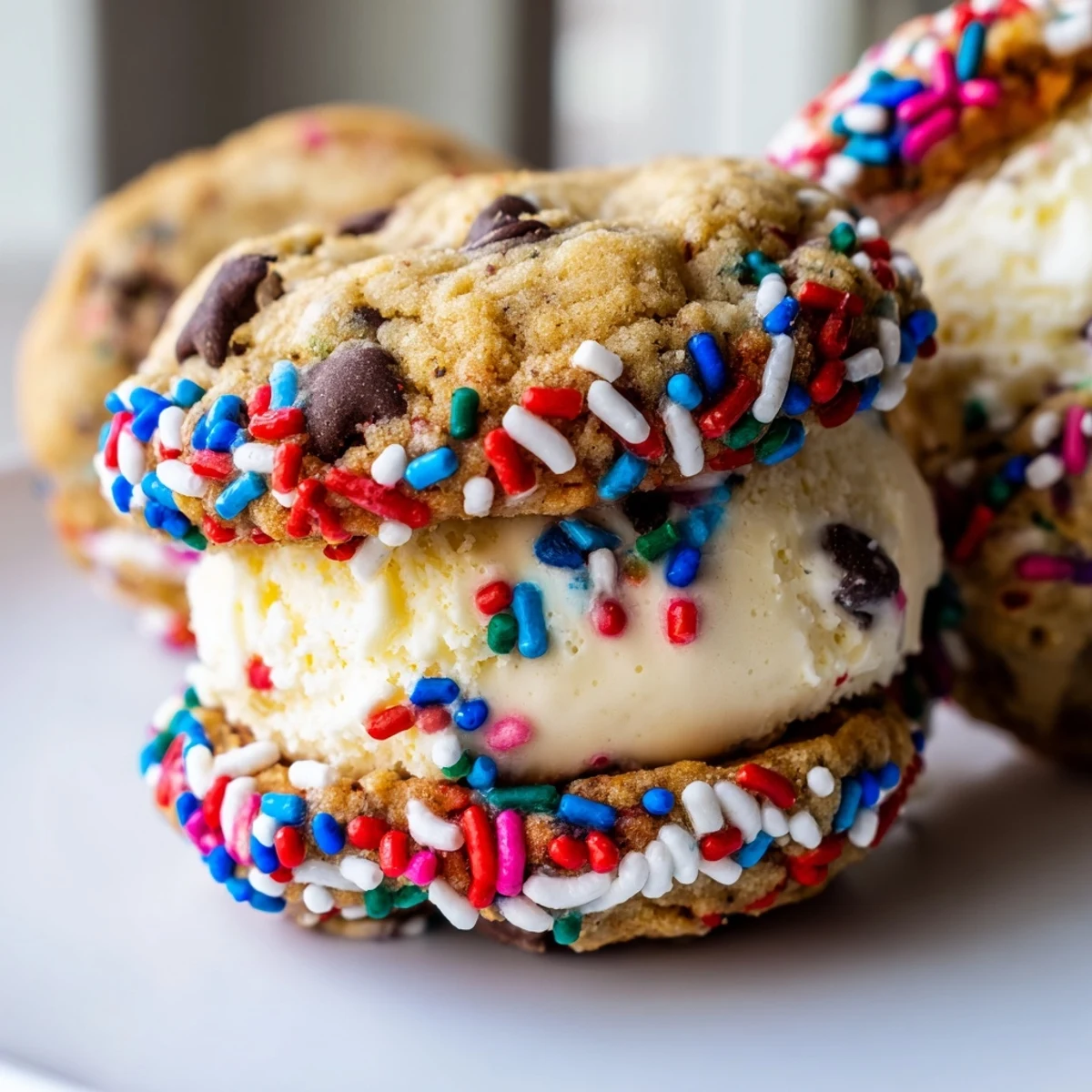 Bite-sized patriotic mini ice cream sandwiches with creamy vanilla filling between soft chocolate chip cookies