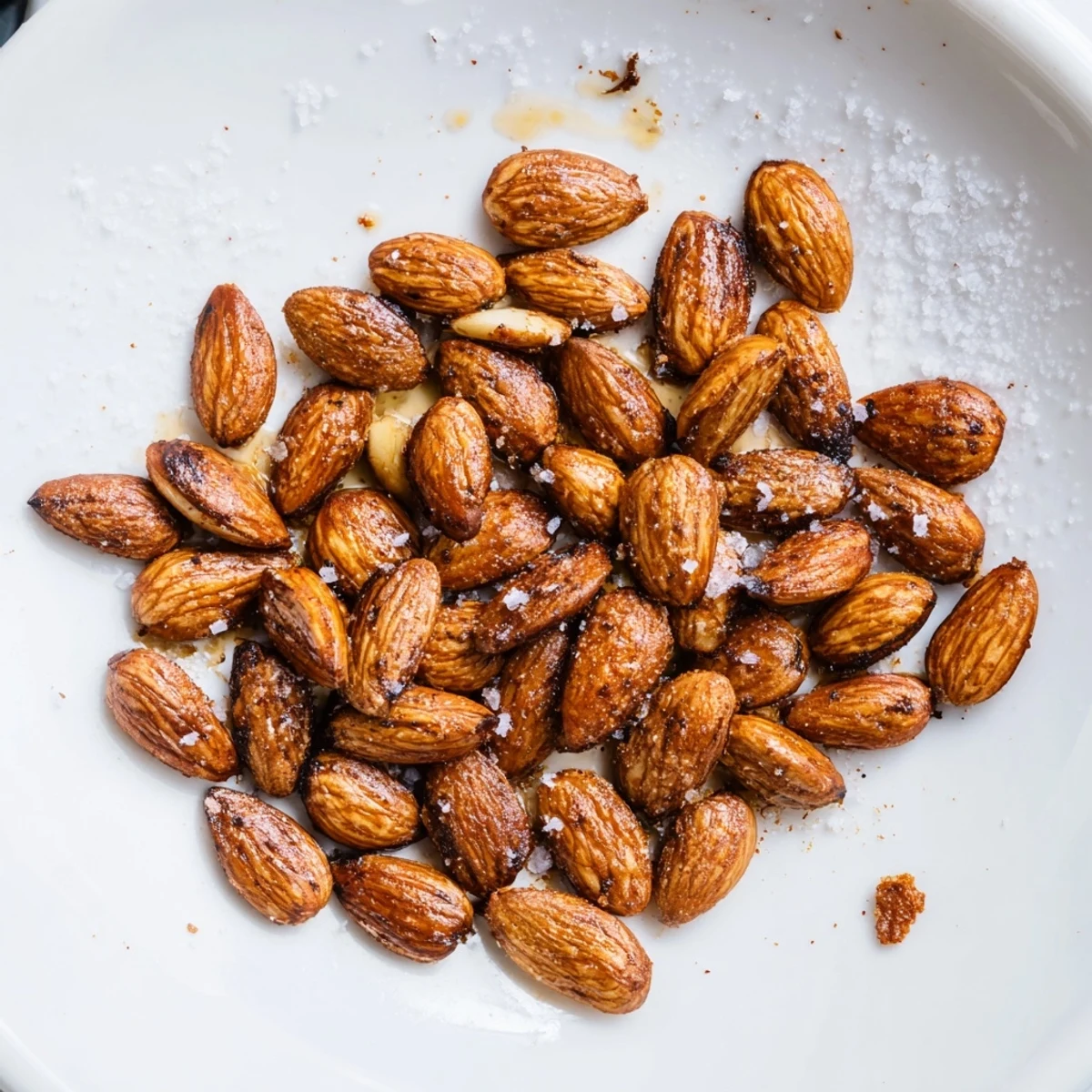 Golden roasted almonds sprinkled with sea salt in a rustic ceramic bowl