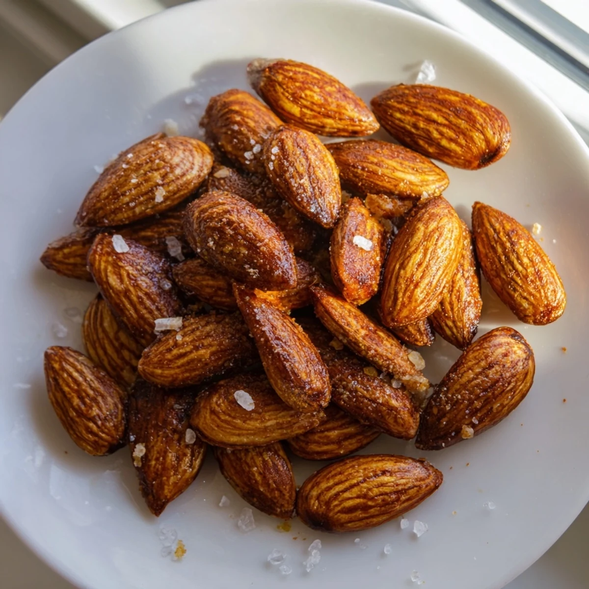 Warm roasted almonds glistening with olive oil served in a handful for snacking