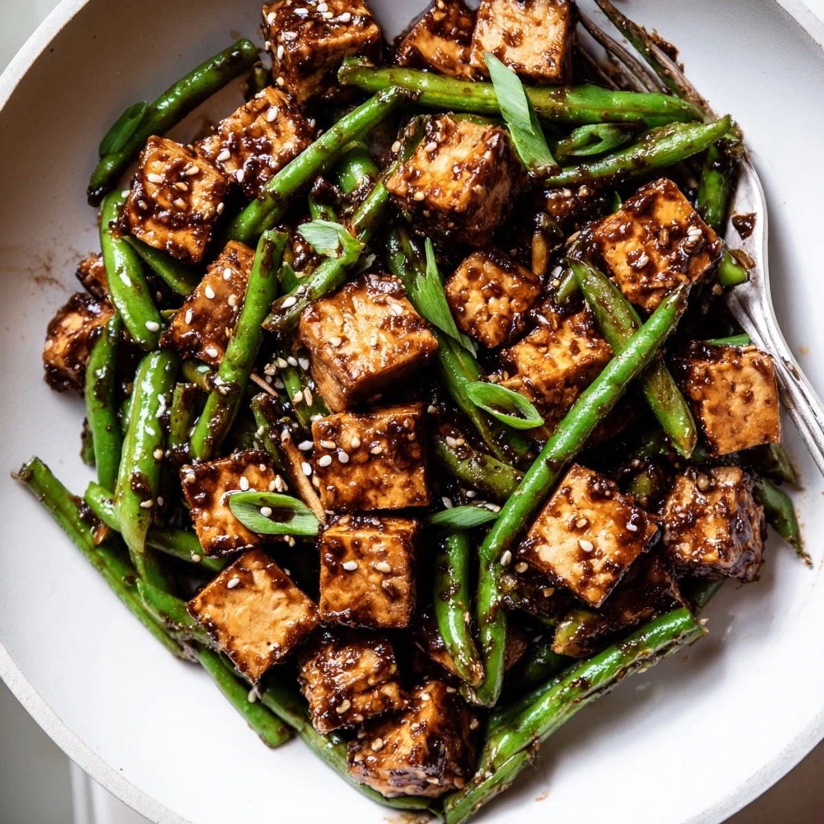 Golden crispy black pepper tofu served with tender green beans over steamed rice