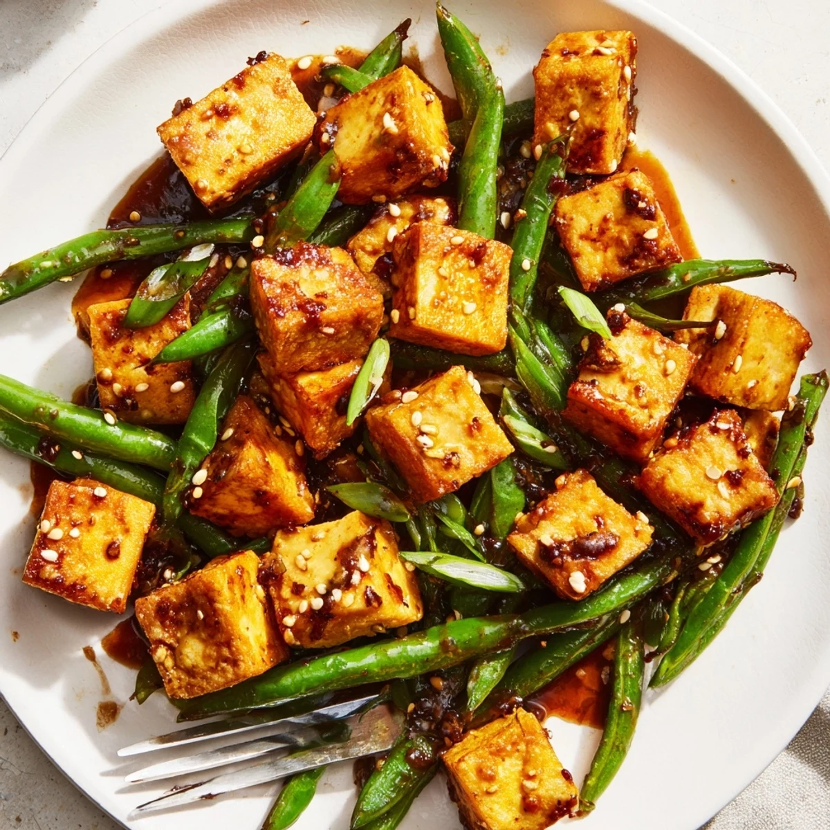 Crispy black pepper tofu and green beans tossed in a glossy peppery sauce
