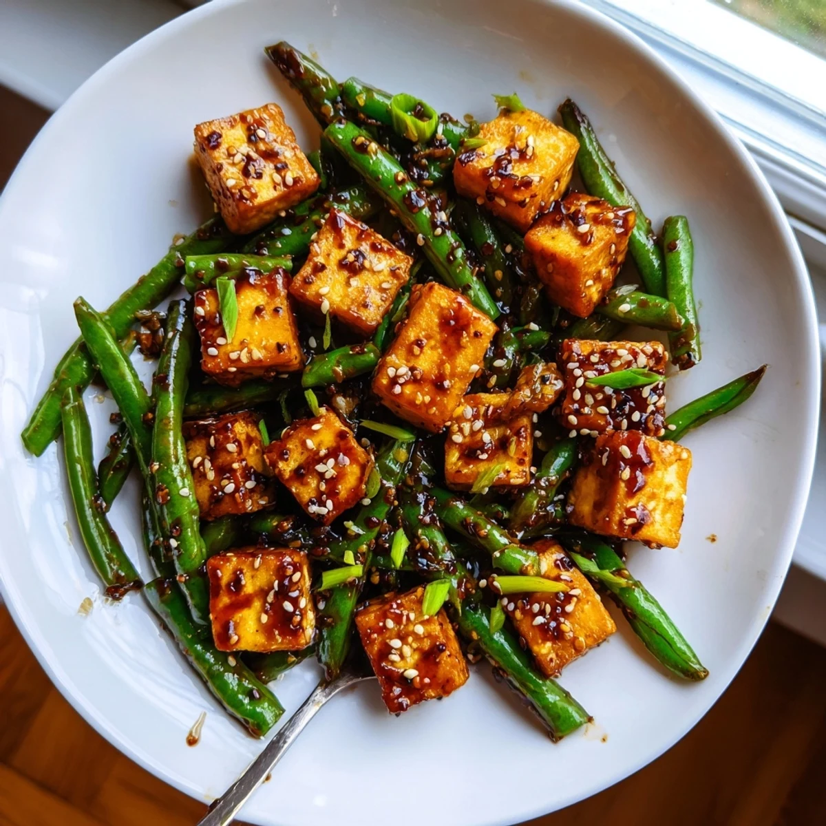 A warm plate of crispy black pepper tofu with blistered green beans and scallions