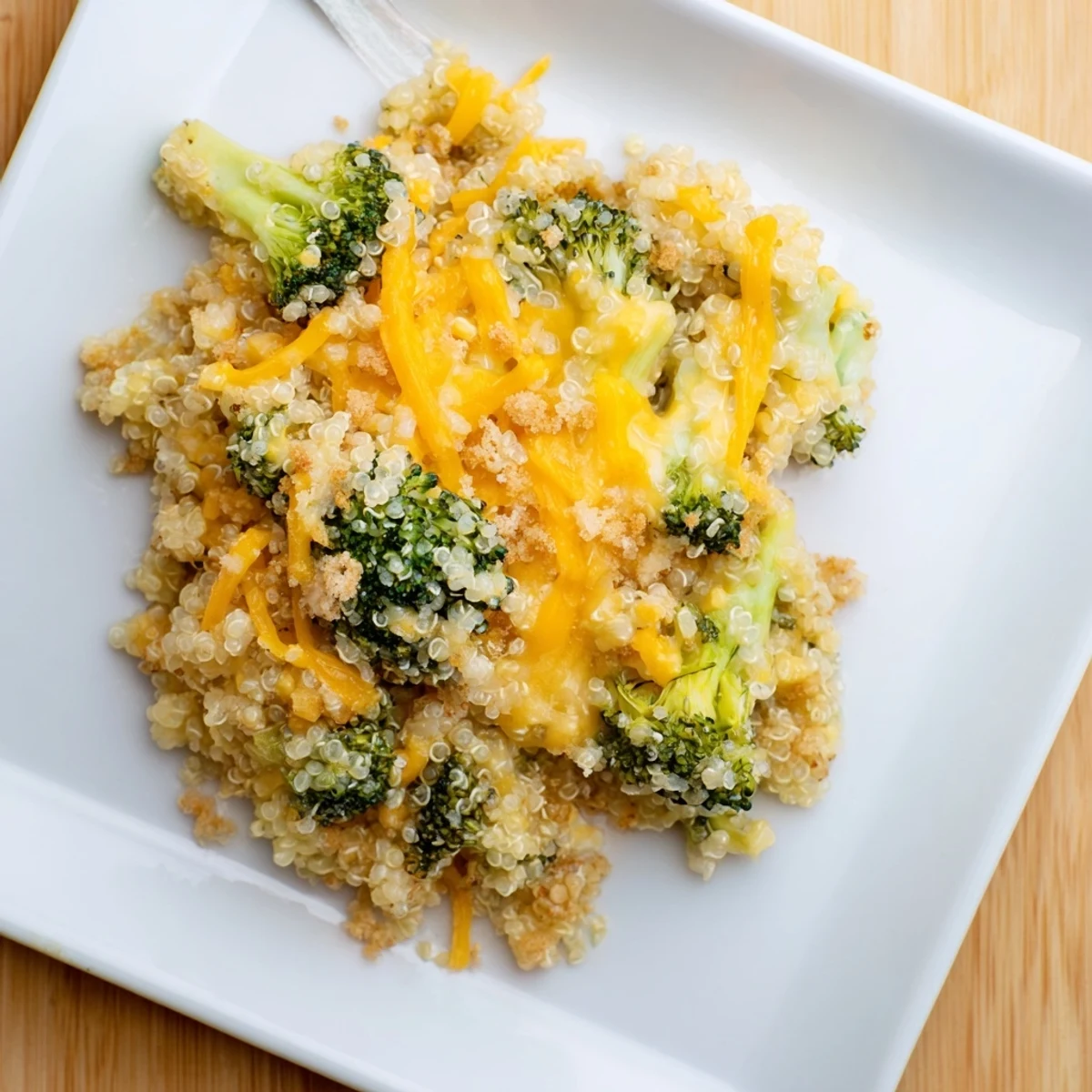 Golden creamy broccoli quinoa casserole fresh from the oven, bubbling with melted cheddar