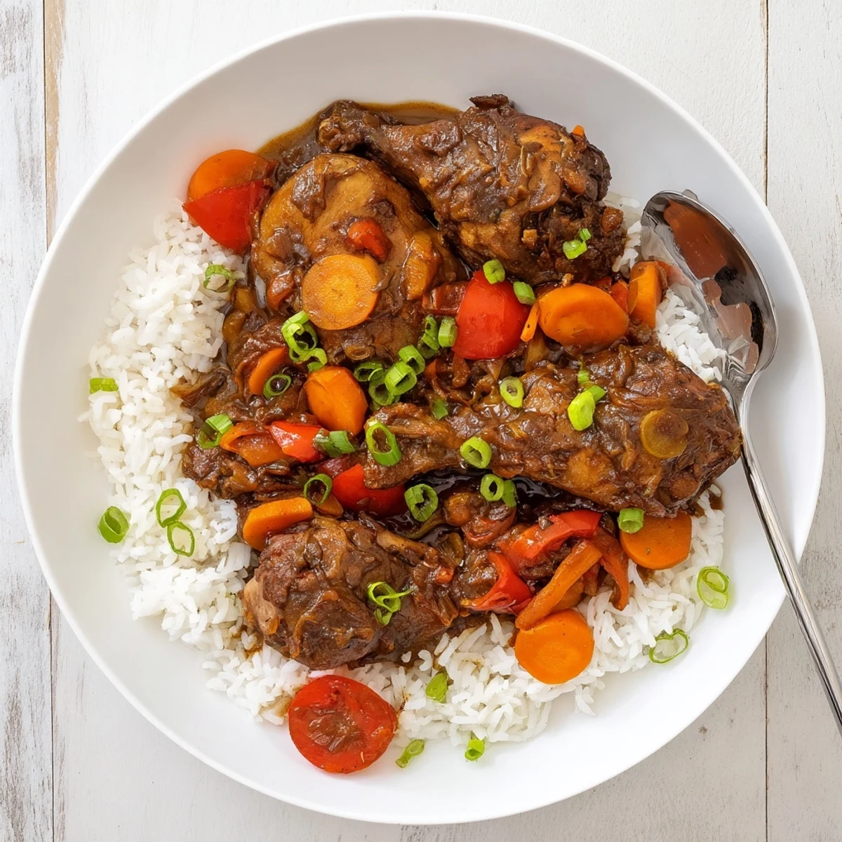 Tender Jamaican brown stew chicken simmered in a rich, spiced brown gravy with colorful bell peppers and carrots