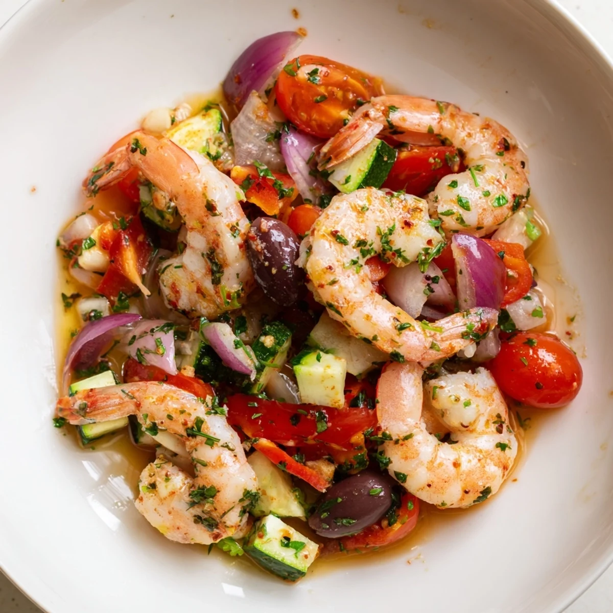 Golden pan-seared Mediterranean shrimp skillet with cherry tomatoes and Kalamata olives