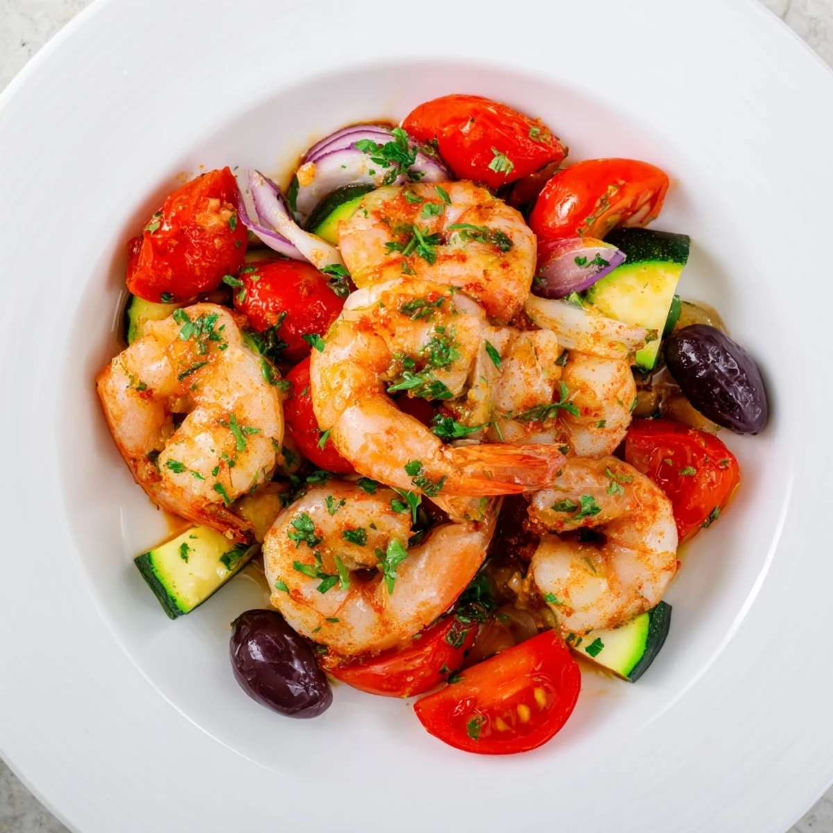 Juicy pink shrimp in a vibrant Mediterranean shrimp skillet with fresh parsley garnish