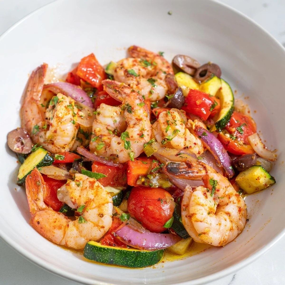 Steaming Mediterranean shrimp skillet served with lemon wedges over a saucy tomato base