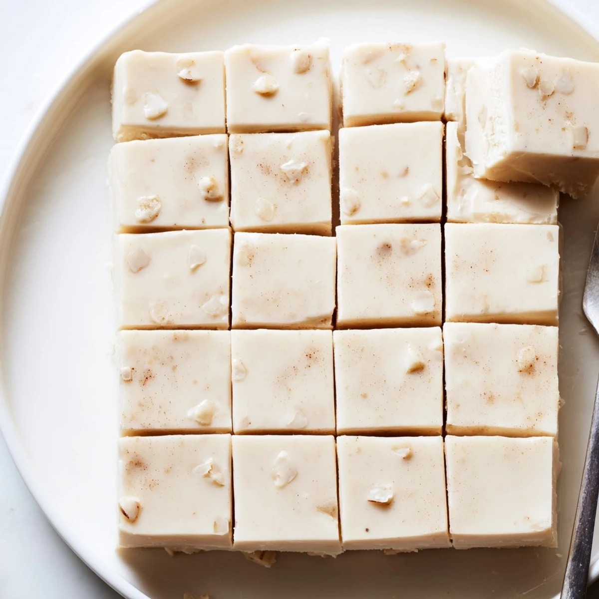 Velvety Eggnog Fudge stacked on a festive plate, flecked with nutmeg