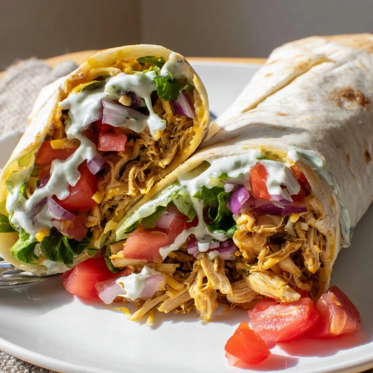 Warm Cheesy Garlic Chicken Wraps sliced in half, gooey cheese, fresh tomatoes