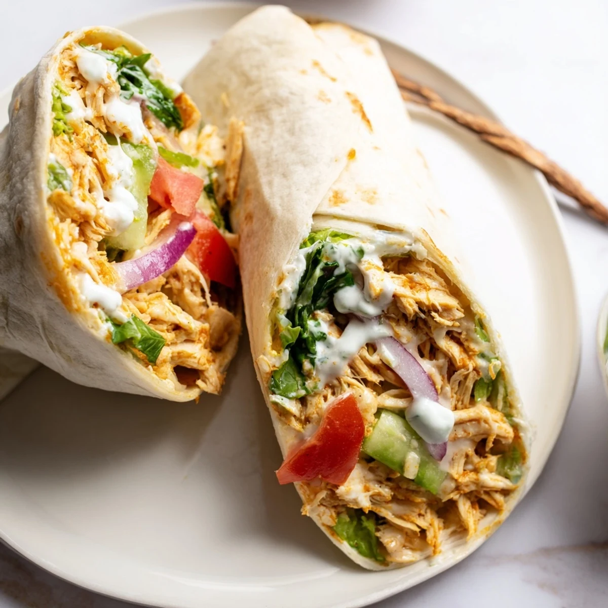 Pan-toasted Cheesy Garlic Chicken Wraps with crisped tortilla and melted cheddar