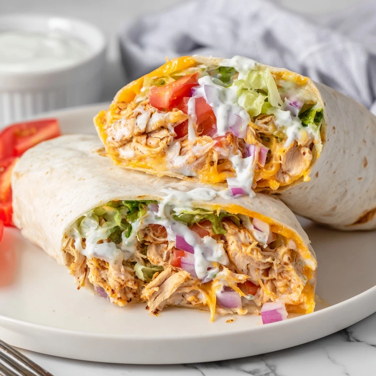 Family-friendly Cheesy Garlic Chicken Wraps bundled warm, served with green salad