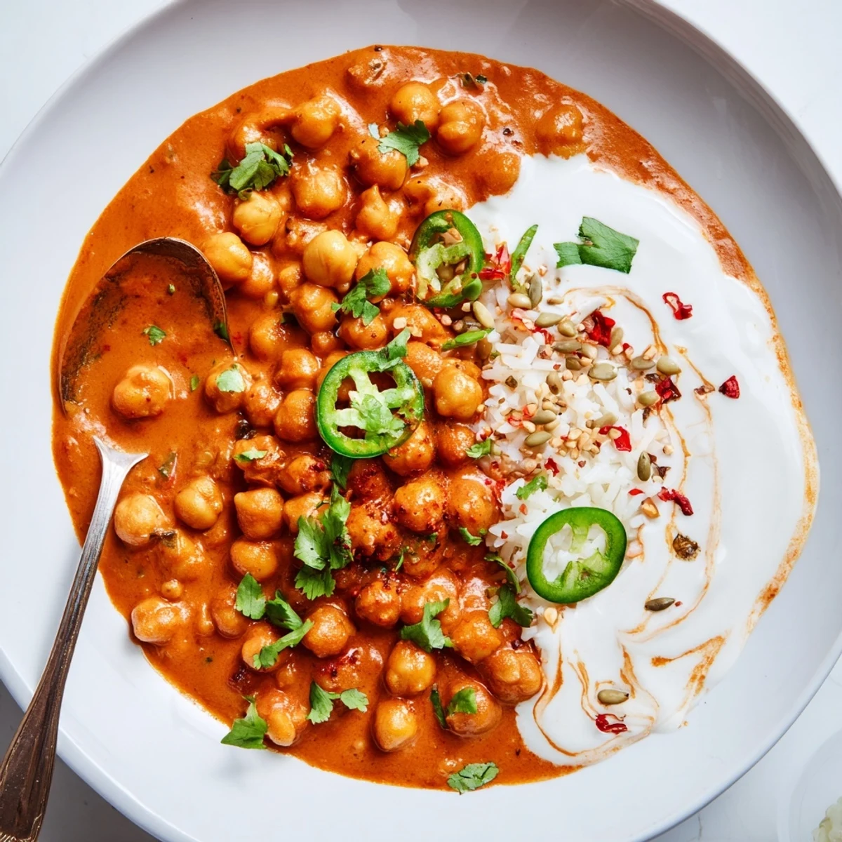 Greek Yogurt Chickpea Curry steaming in skillet, fragrant spices and cilantro garnish