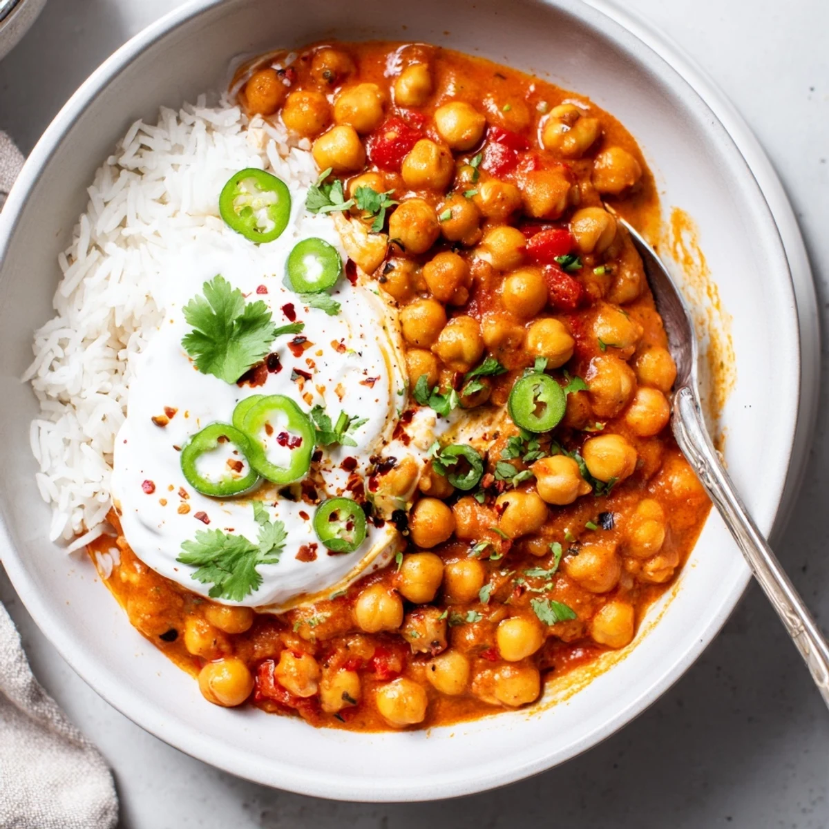Hearty Greek Yogurt Chickpea Curry with tender chickpeas, tangy yogurt finish